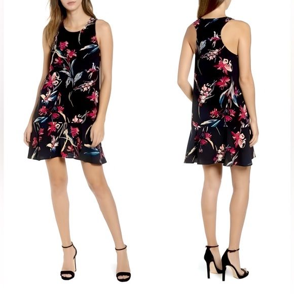 Leith Black Flounce Hem Sleeveless Mini Dress W/Botanical Floral Design. Size XS - Picture 8 of 8